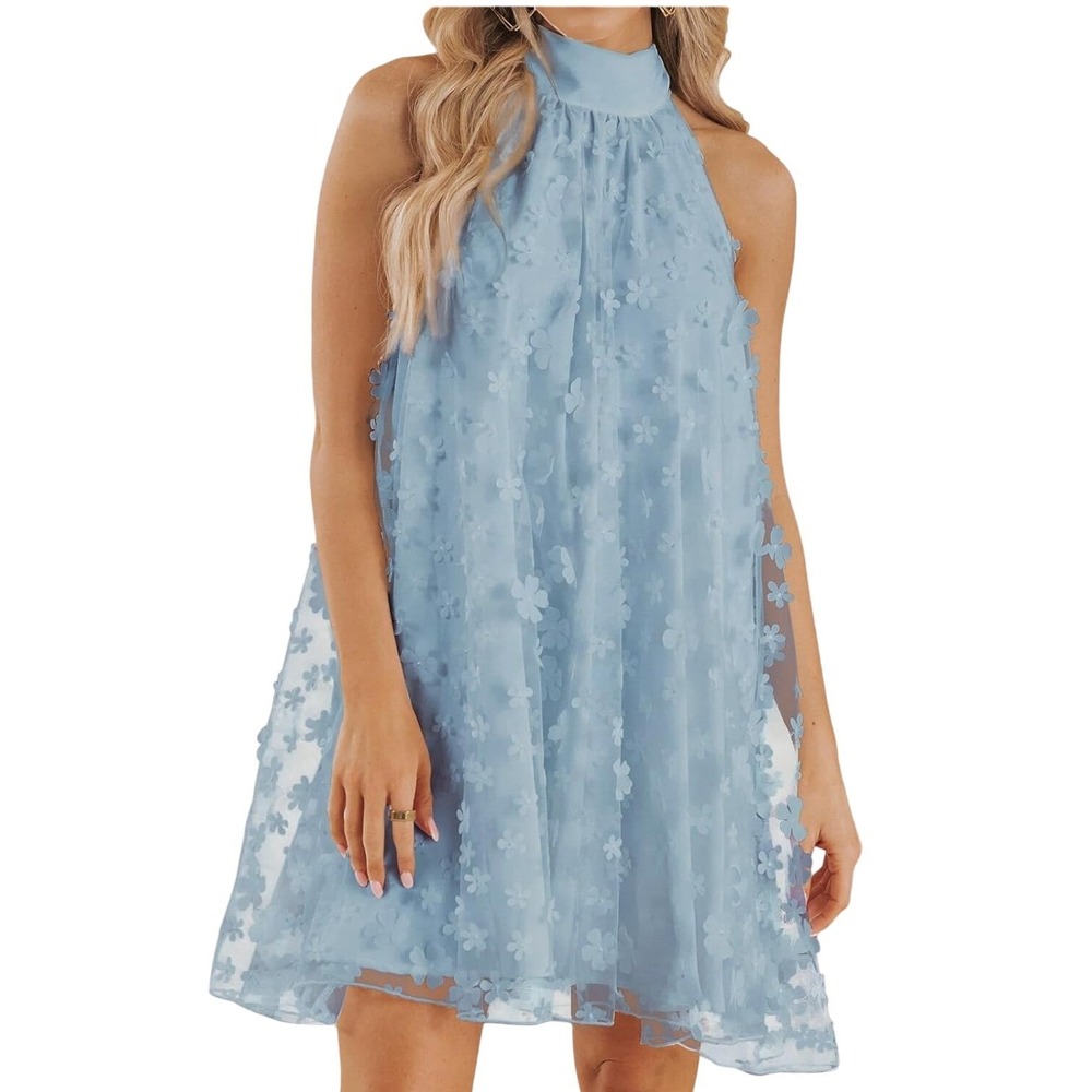 Light Blue Floral Applique Halter Neck Dress‎  2XL